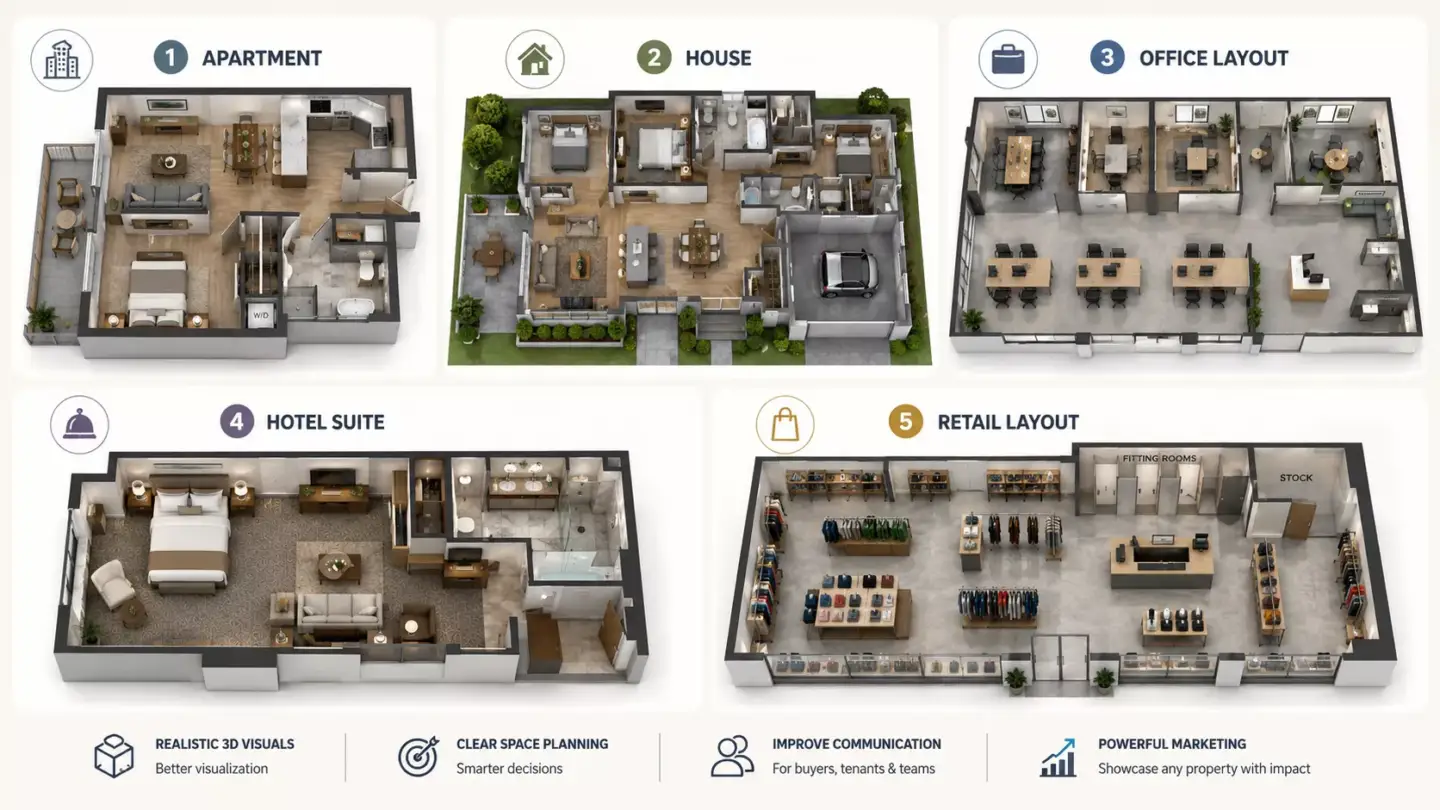 What Is a 3D Floor Plan? Grid of 3D floor plan examples including apartment, house, office layout, hotel suite and retail layout