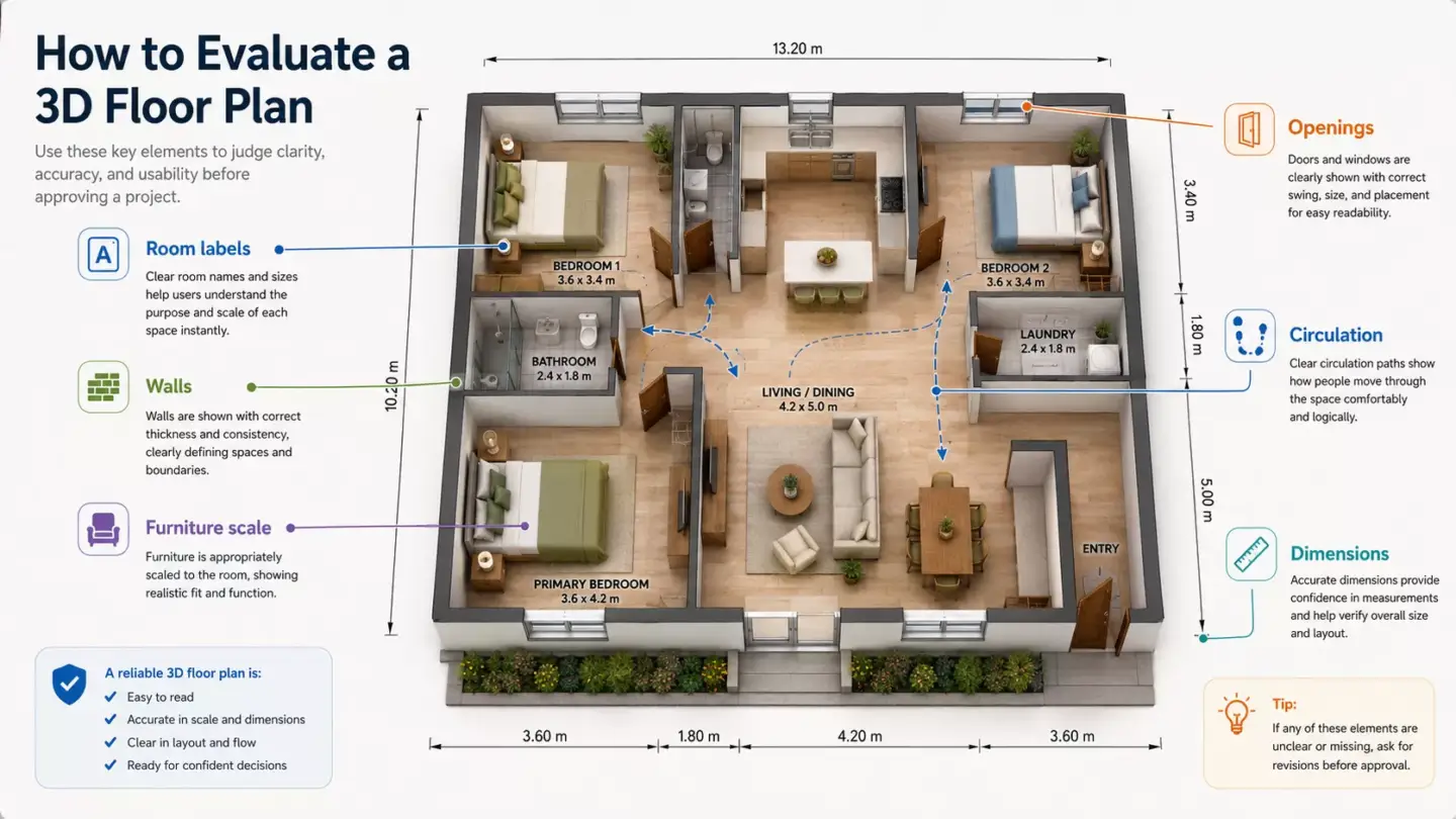 What Is a 3D Floor Plan? Infographic on how to evaluate a 3D floor plan covering room labels, walls, furniture scale, openings, circulation and dimensions