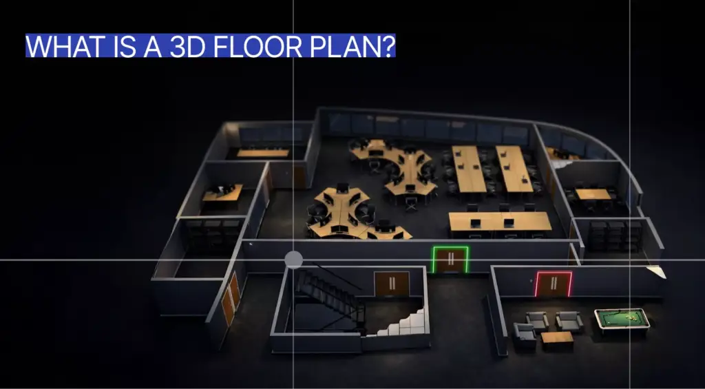 What Is a 3D Floor Plan article cover with a dark office 3D floor plan visualization