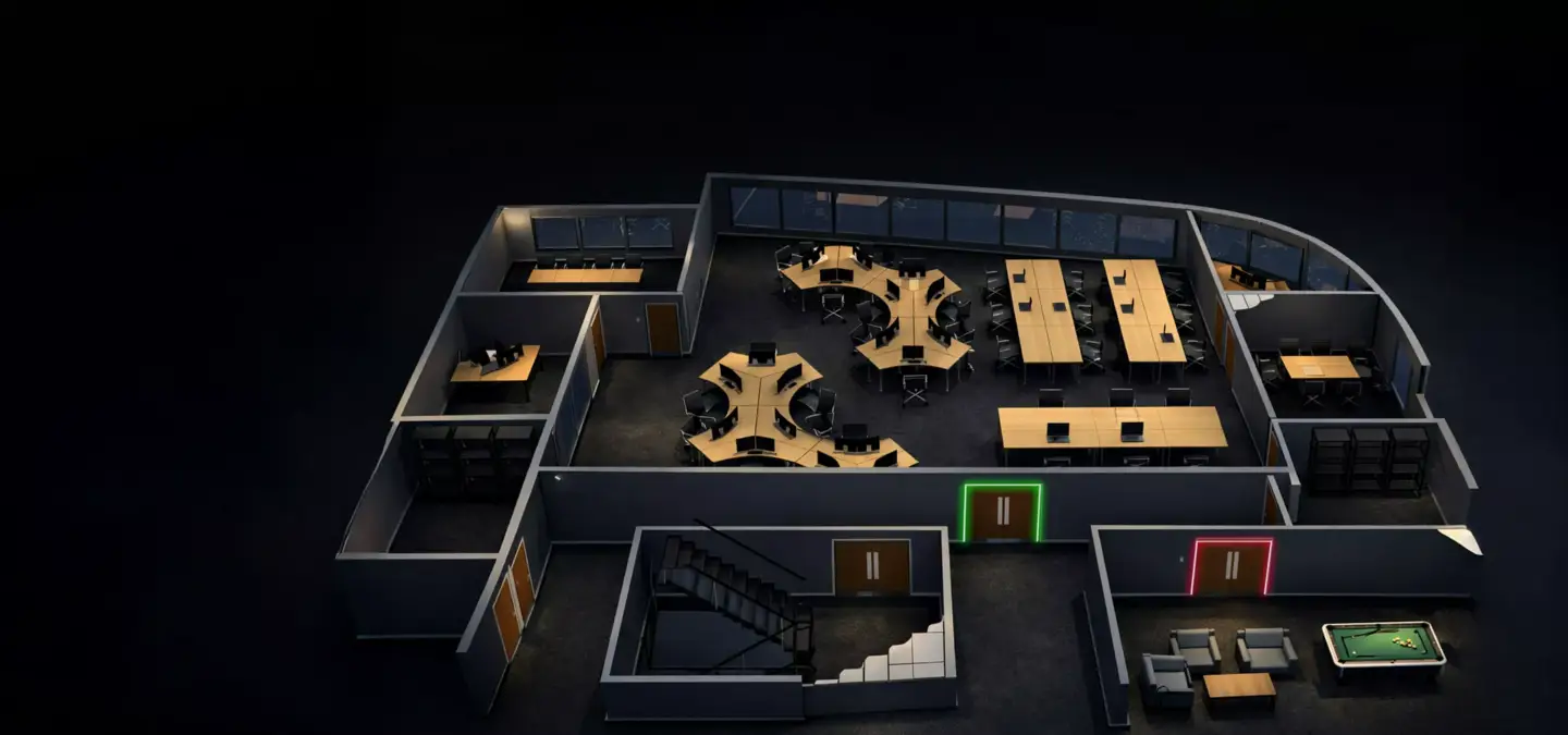 Dark-themed 3D floor plan of an office space with workstations, meeting tables and lounge area
