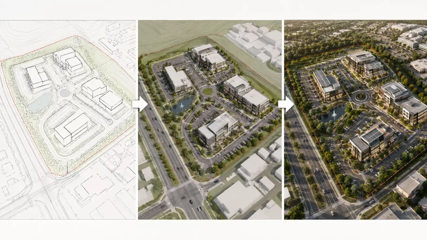 Site Plan Rendering: Turning Flat Plans Into Sellable Visuals Site plan rendering progression from flat masterplan to a 3D aerial view