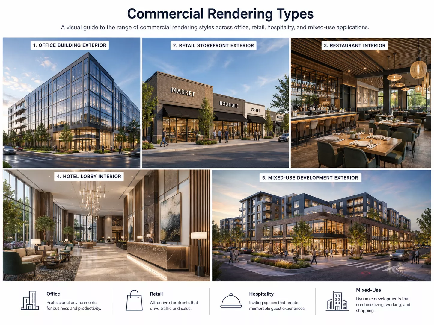 What Is Commercial Rendering? Grid of commercial rendering examples including office exteriors, retail interiors, hotel lobbies and mixed-use developments