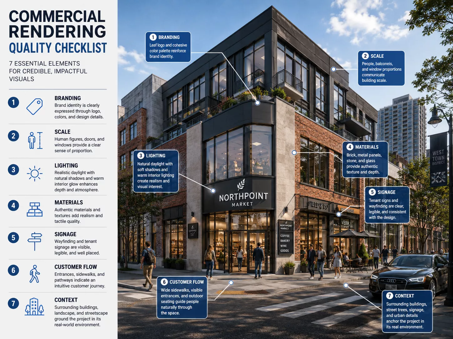 What Is Commercial Rendering? Commercial rendering quality checklist overlaid on a photorealistic retail storefront visualization