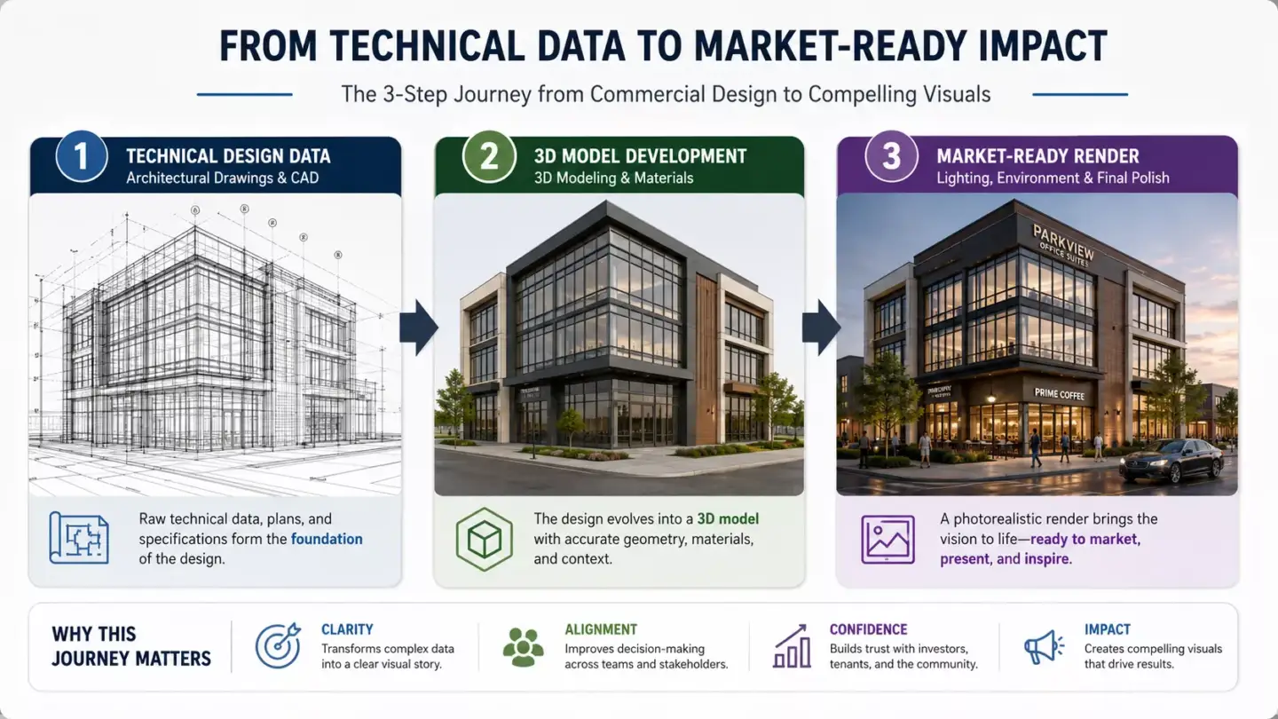 What Is Commercial Rendering? Three-step commercial rendering journey infographic from technical design data and 3D model development to market-ready render