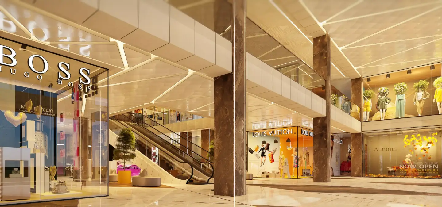Photorealistic commercial rendering of a shopping mall interior with branded storefronts and escalators