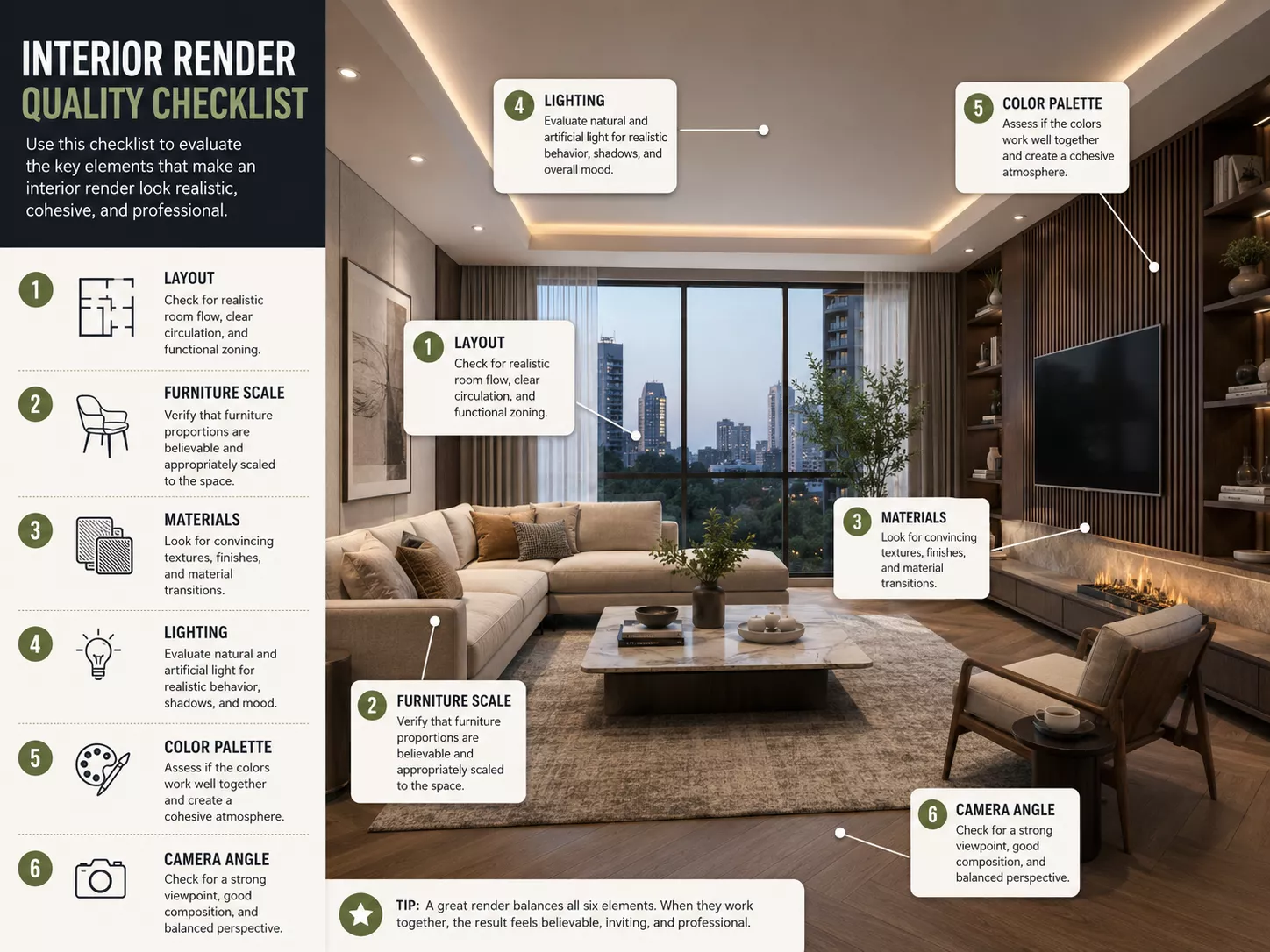 What Is Interior Rendering Interior render quality checklist overlaid on a photorealistic modern living room visualization