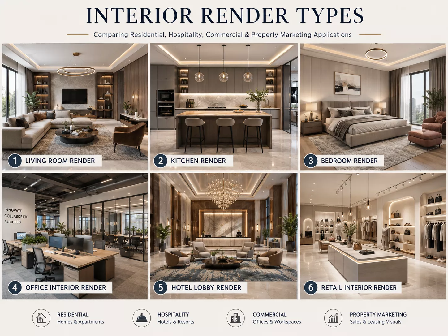 What Is Interior Rendering Grid of interior render types including living room, kitchen, bedroom, office, hotel lobby and retail interiors
