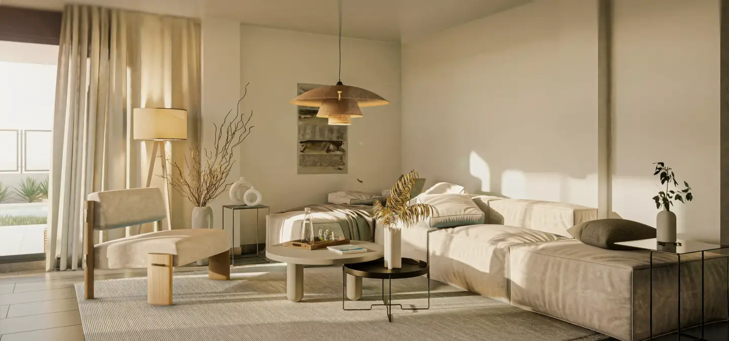 Photorealistic interior rendering of a neutral-toned living room with soft natural lighting