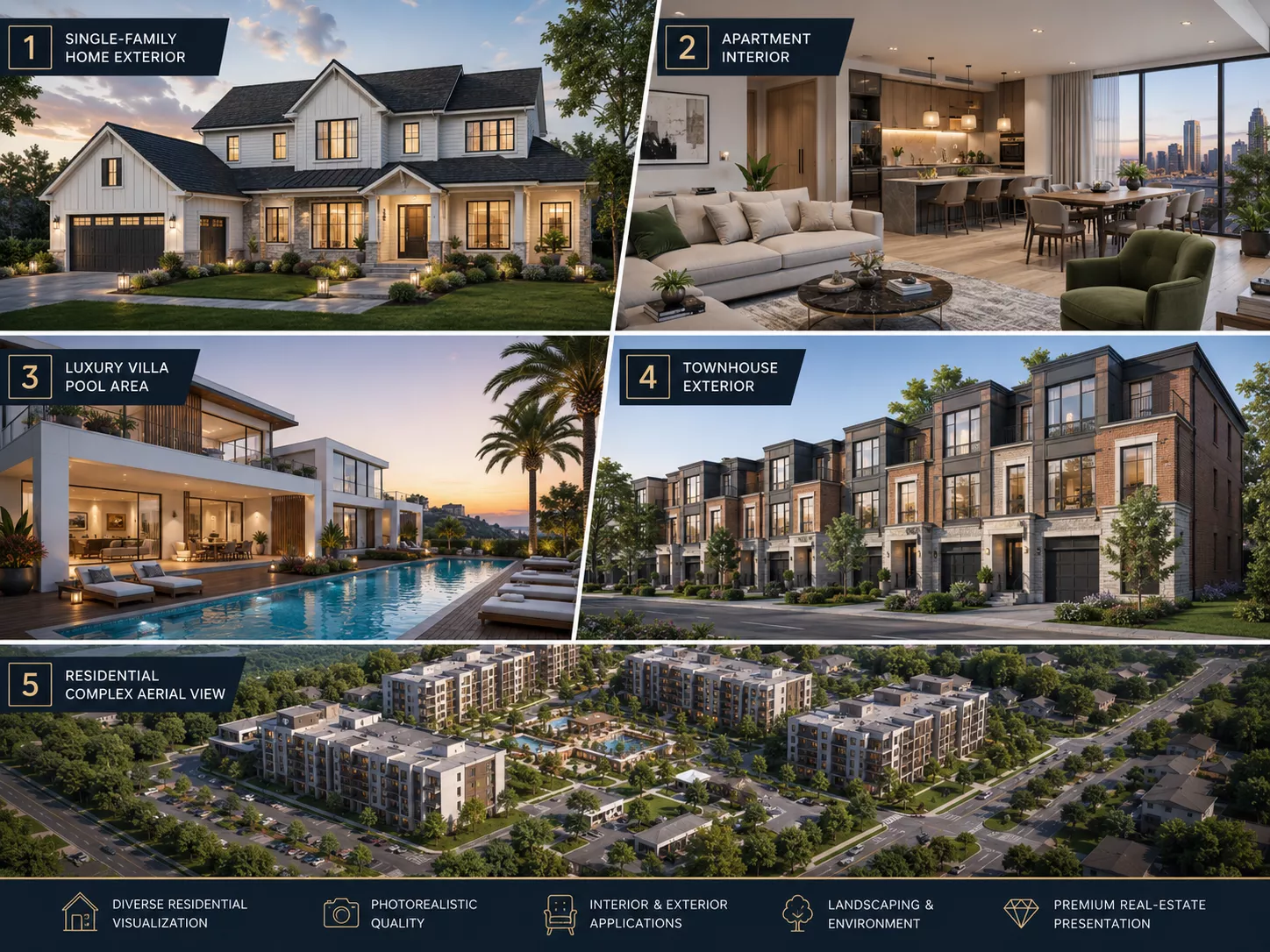 What Is Residential Rendering? Grid of residential rendering examples including house exteriors, villa with pool, townhouses and residential complex aerials