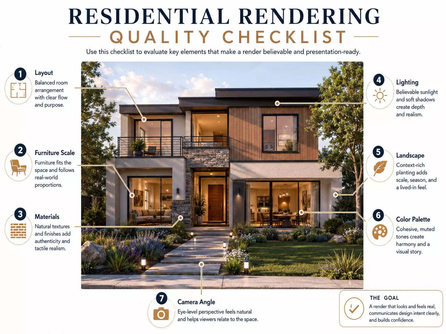 What Is Residential Rendering? Residential rendering quality checklist highlighting layout, furniture scale, materials, lighting, landscape and camera angle