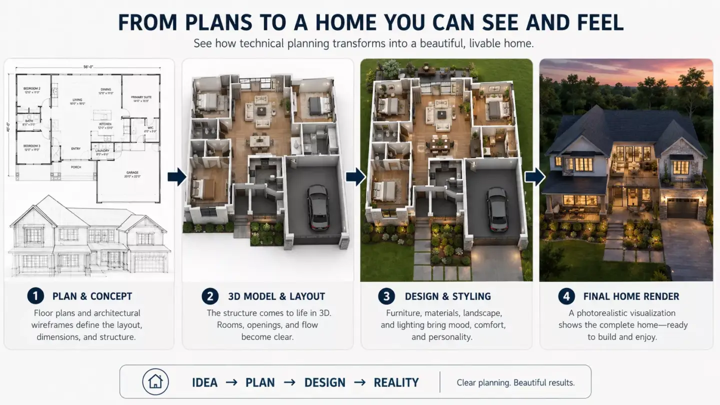 What Is Residential Rendering? Infographic showing how technical planning transforms into a finished home, from plans and 3D model to the final render