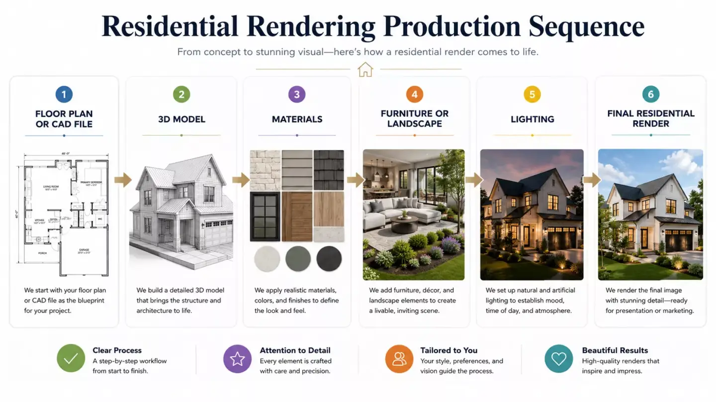 What Is Residential Rendering? Residential rendering production sequence infographic from floor plan and 3D model to the final residential render