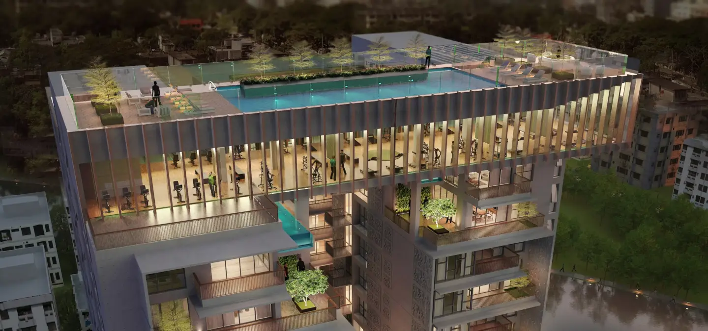 Photorealistic residential rendering of a modern apartment building with a rooftop pool at dusk