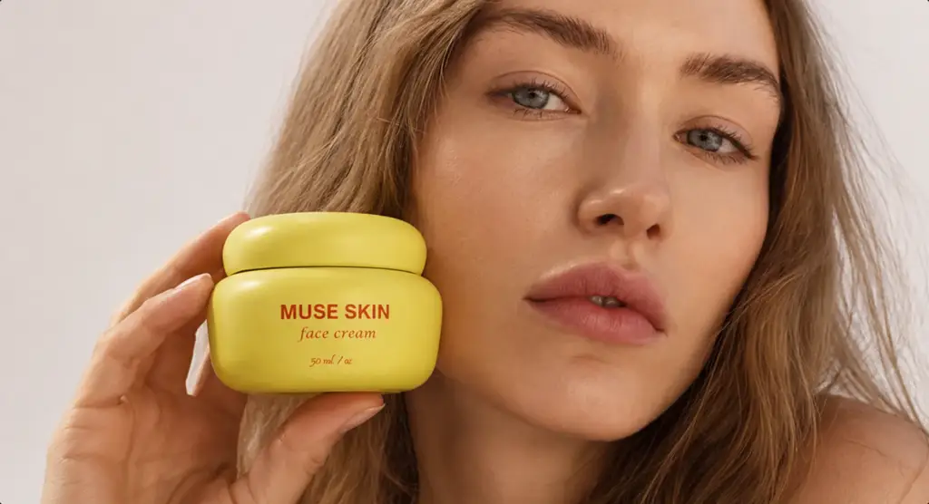 Beauty portrait of a model with glowing skin for the face-cream campaign, AI visualization.