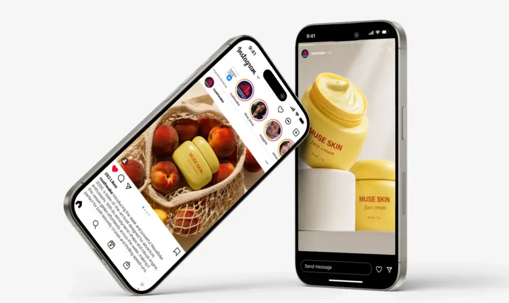 Smartphone showing the face cream in an e-commerce and social feed beside the jar, AI product visualization.