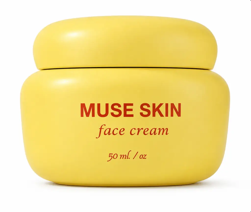 Front view of the yellow face-cream jar with its label, photorealistic AI product visualization.