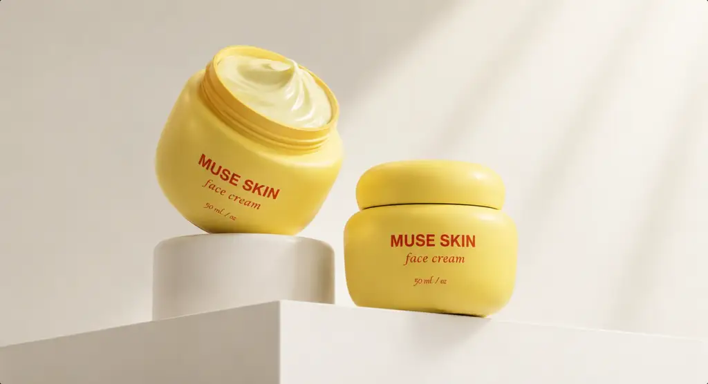 Multiple face-cream jars on pedestals in a wide composition, AI product visualization.