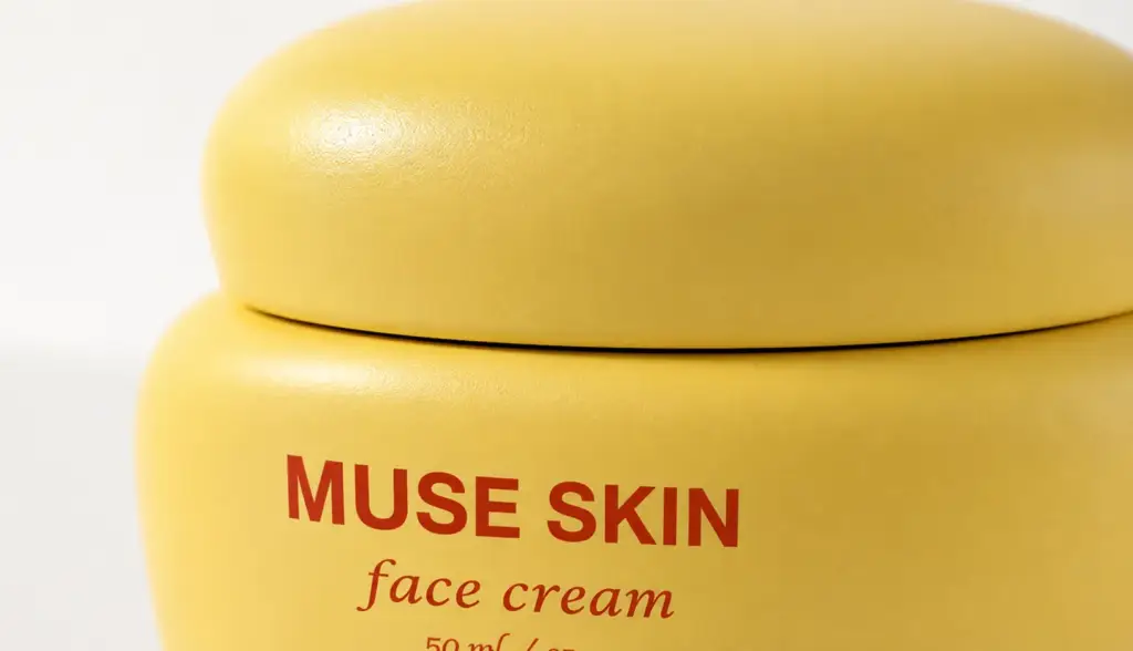Close-up of the face-cream jar label and cap, showing the faithful CGI digital twin.