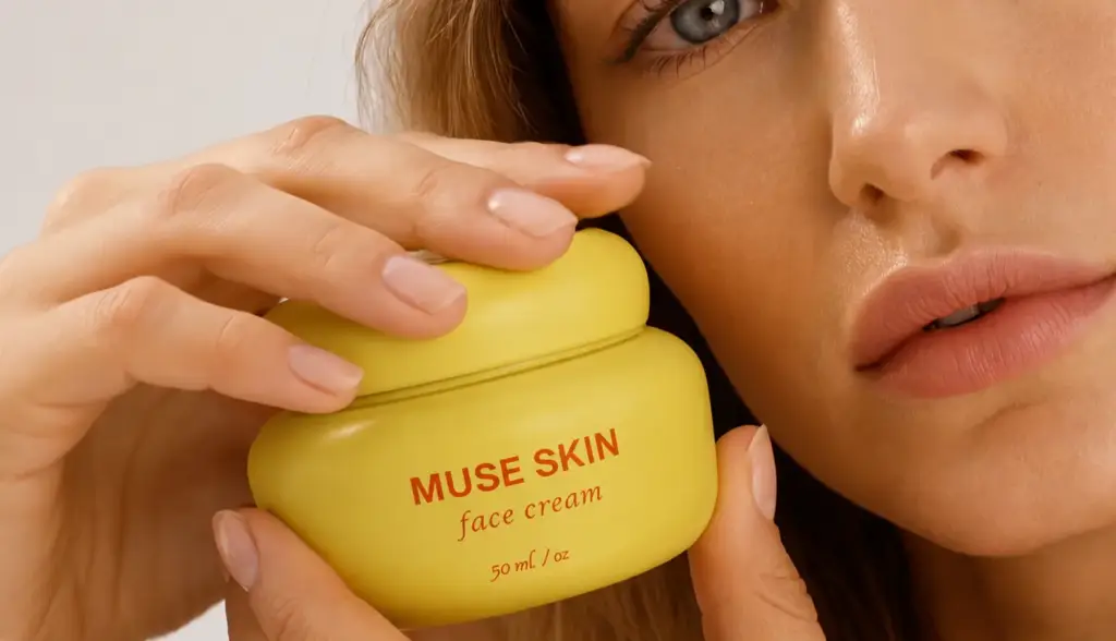 Model holding the face-cream jar to her cheek, AI-generated beauty visualization.