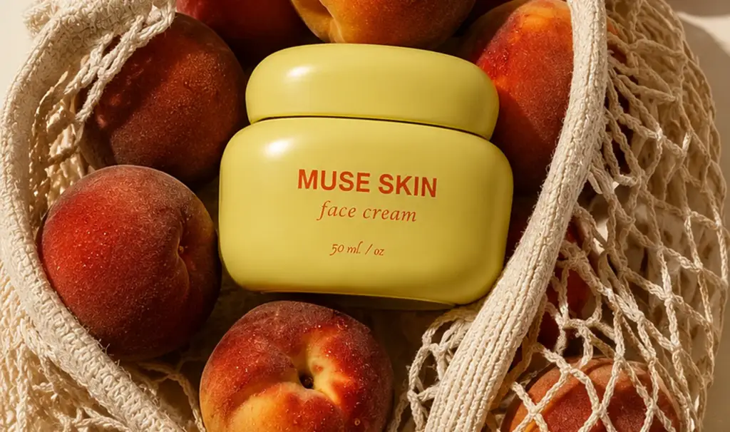 Face-cream jar in a net bag with peaches on a bright surface, AI lifestyle product visualization.