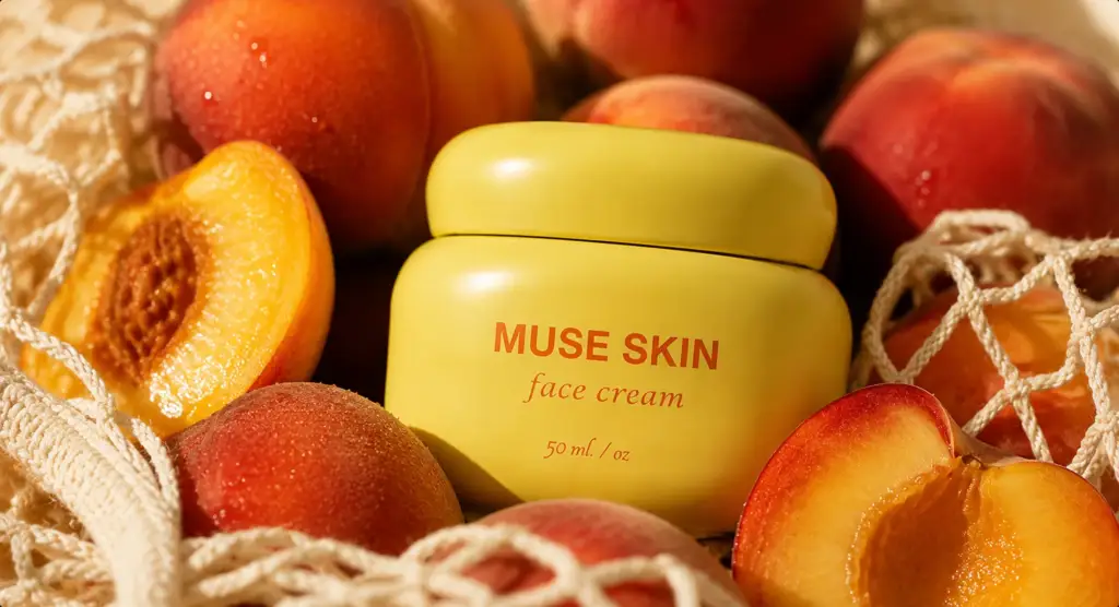 Wide scene of peaches in a net bag beside the face-cream jar, AI product visualization.