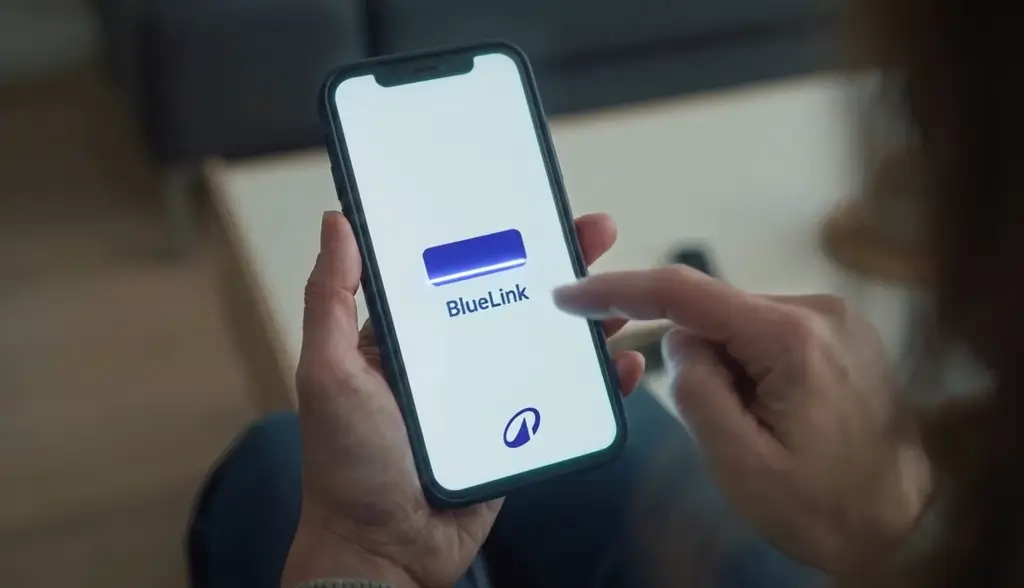 Hands holding a smartphone showing the digital health app interface with a blue brand accent.
