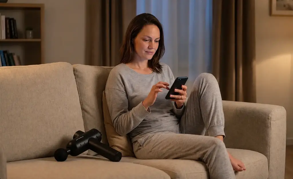 Woman on a sofa at night with a softly glowing holographic health summary beside her phone.
