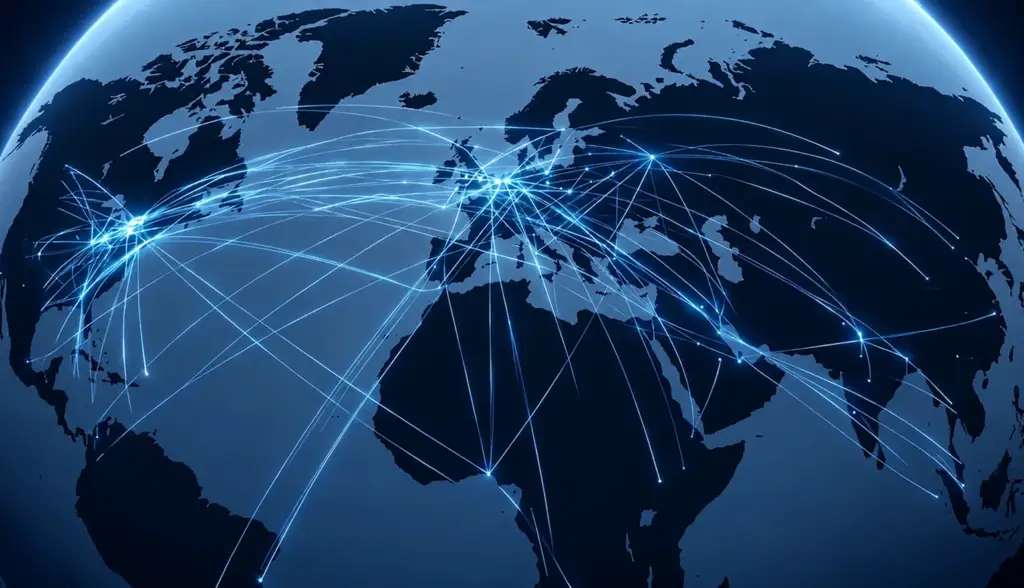 Glowing blue globe with a worldwide connection network representing the connected digital health platform.