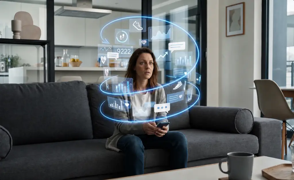 Woman on a sofa reviewing a wide holographic health overview generated by the connected app.