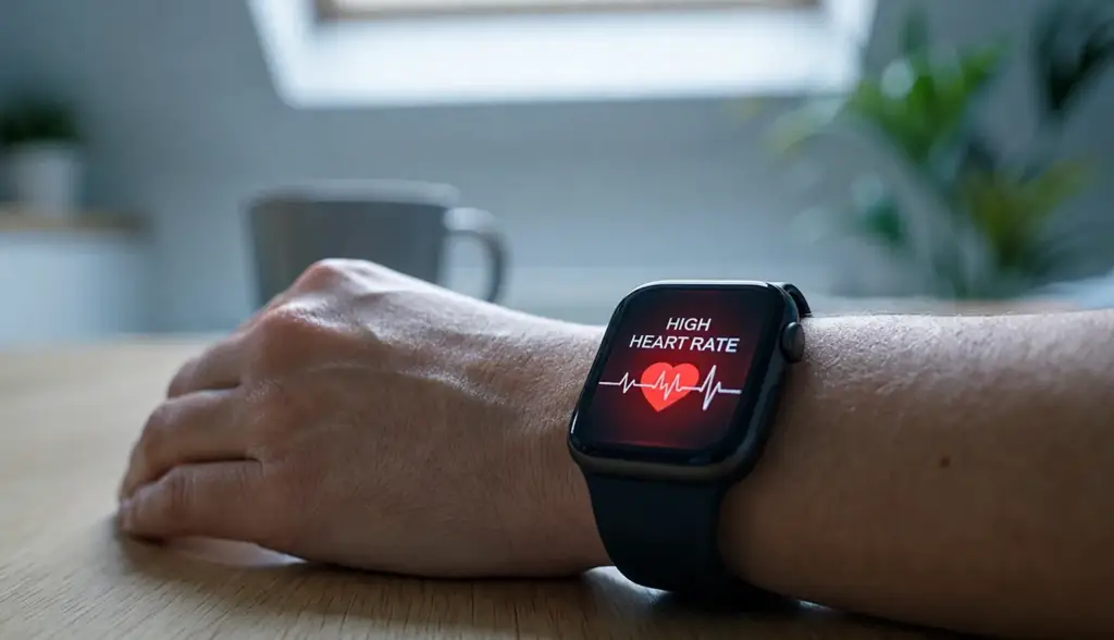 Close-up of a smartwatch face showing a red heart-rate icon, highlighting real-time health tracking.