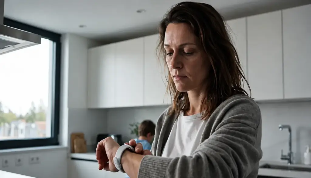Woman in a modern kitchen glancing at her smartwatch to check health data from the connected app.