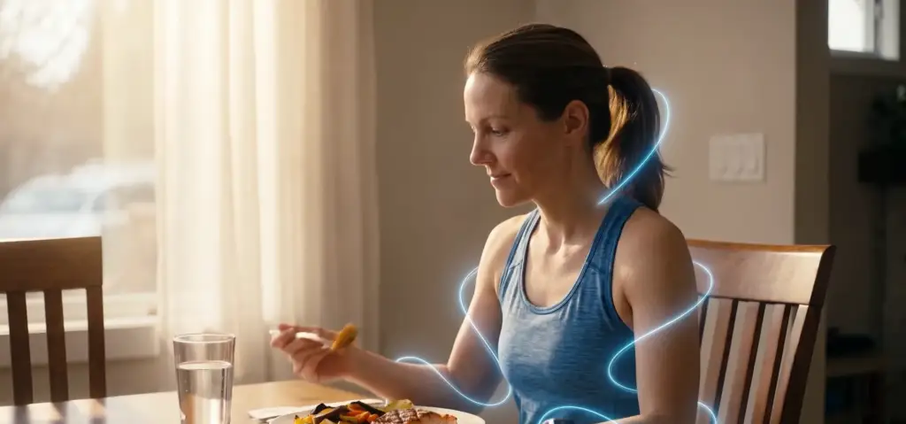 Woman with earbuds relaxing at a table with a glass of water, a calm lifestyle scene from the health app campaign.