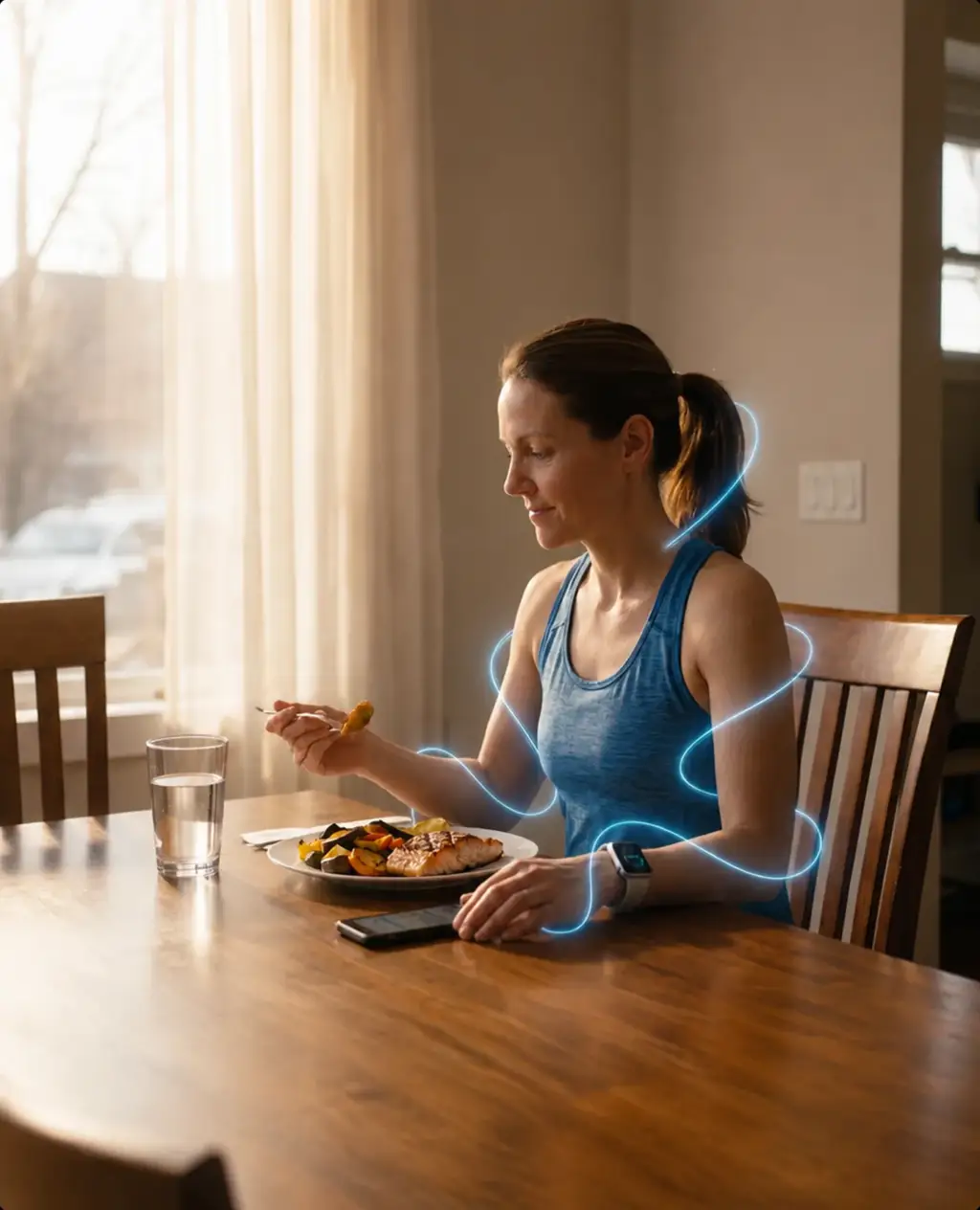 Woman with earbuds at a table taking a mindful break, a lifestyle frame from the digital health app set.