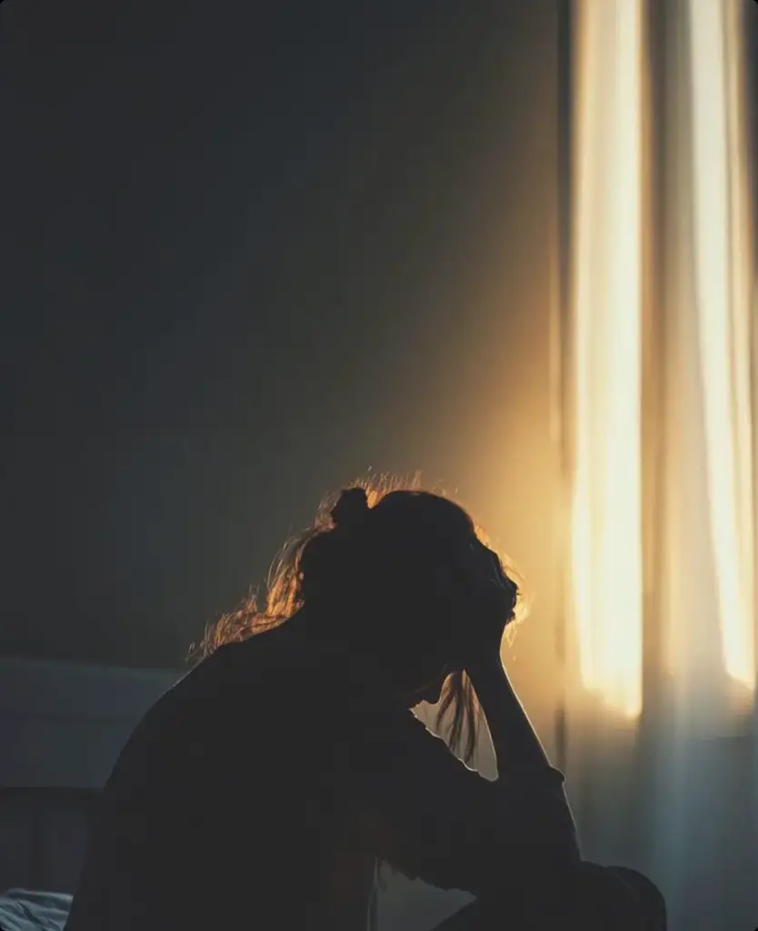 Person silhouetted against warm window light in a calm evening moment of everyday wellbeing.
