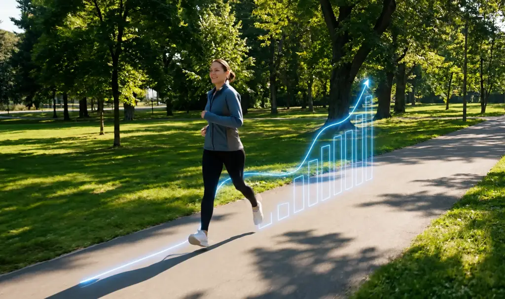 Runner in a green park with a translucent blue data overlay tracking activity, from the connected health app visualization.