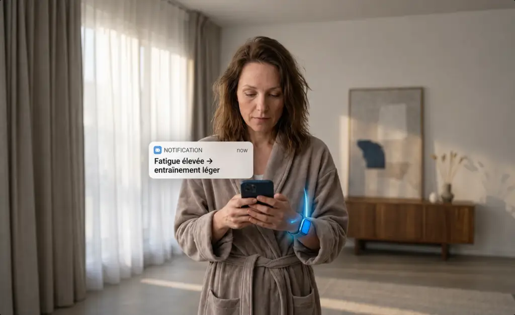 Woman standing while holding a phone with a floating health-app notification beside her.
