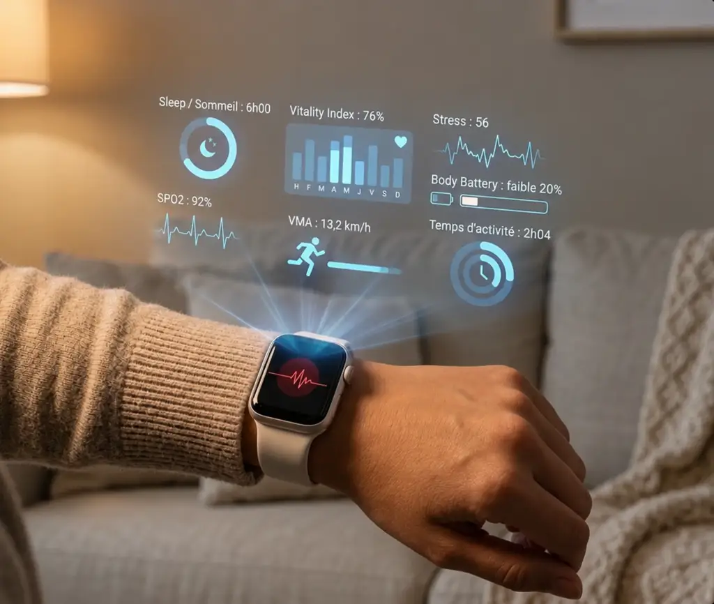 Close-up of a smartwatch on a wrist with a holographic blue health dashboard from the digital health app visualization.