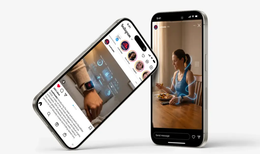 Two smartphones showing the digital health app inside social media feeds and stories for a launch campaign.