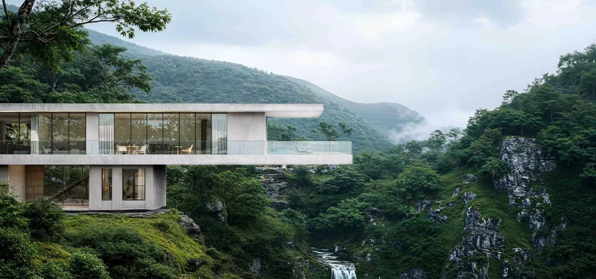 3D house renderings of a cliffside modern home with glass walls above a waterfall and forest valley