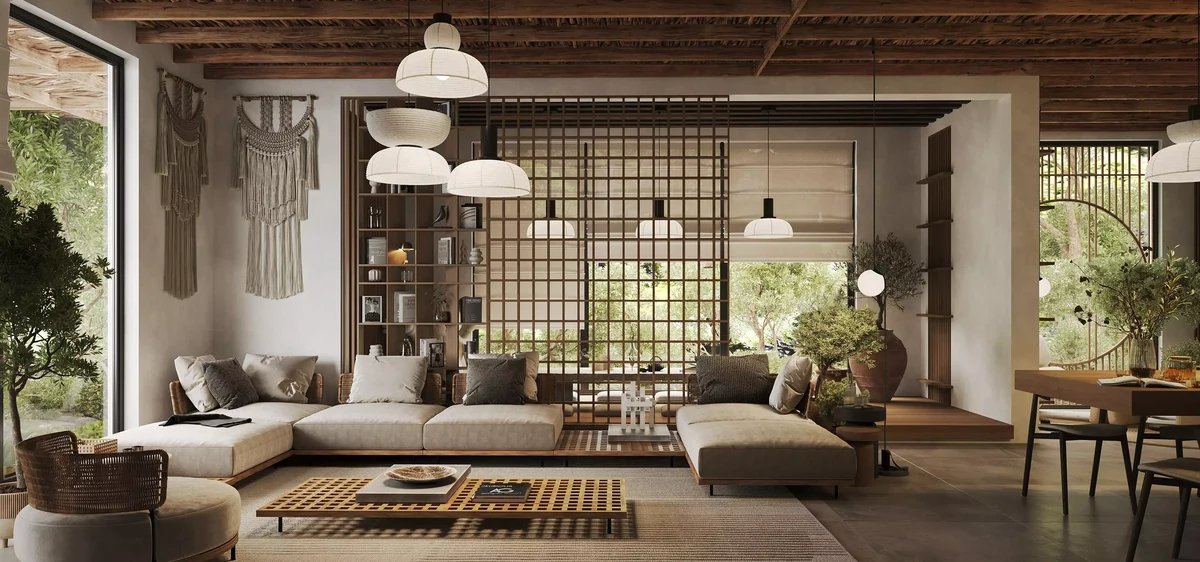 Residence interior design of an open living room with low sofas, wood ceiling, pendant lights, and garden views