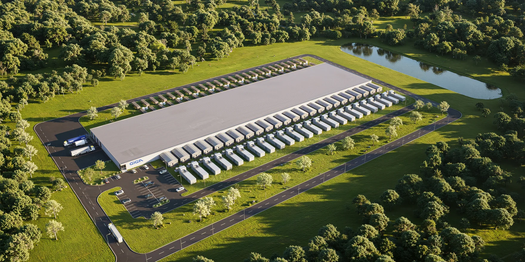 Aerial render of an AI data center campus with a long single-storey hall, rows of dry coolers, parking and a pond in woodland