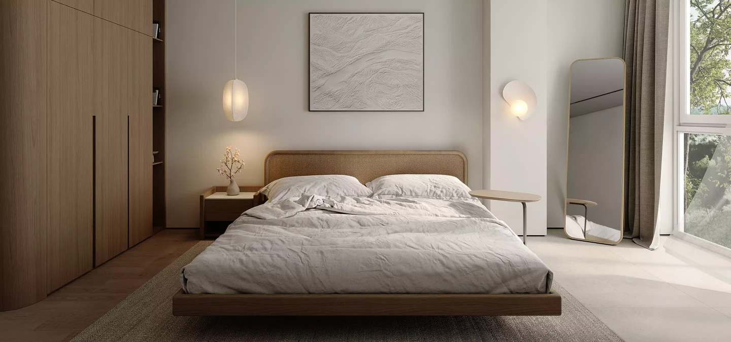 Minimalist bedroom in 3D virtual tour with wood furniture, white bedding, and tall window