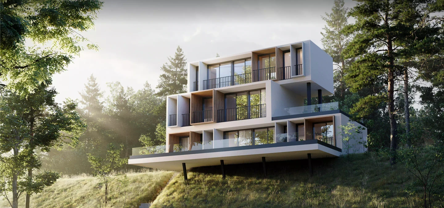 Architectural 3D Modeling of a modern forest hillside residence with stacked balconies and glass railings